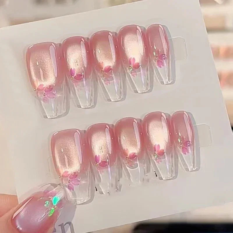 STORESDE 10pcs Aurora Cat Eye Handmade Press on Nails Pink Cherry Blossom False Nails Crystal Flower Pearl Fake Nails French Coffin Nail