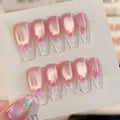 STORESDE 10pcs Aurora Cat Eye Handmade Press on Nails Pink Cherry Blossom False Nails Crystal Flower Pearl Fake Nails French Coffin Nail