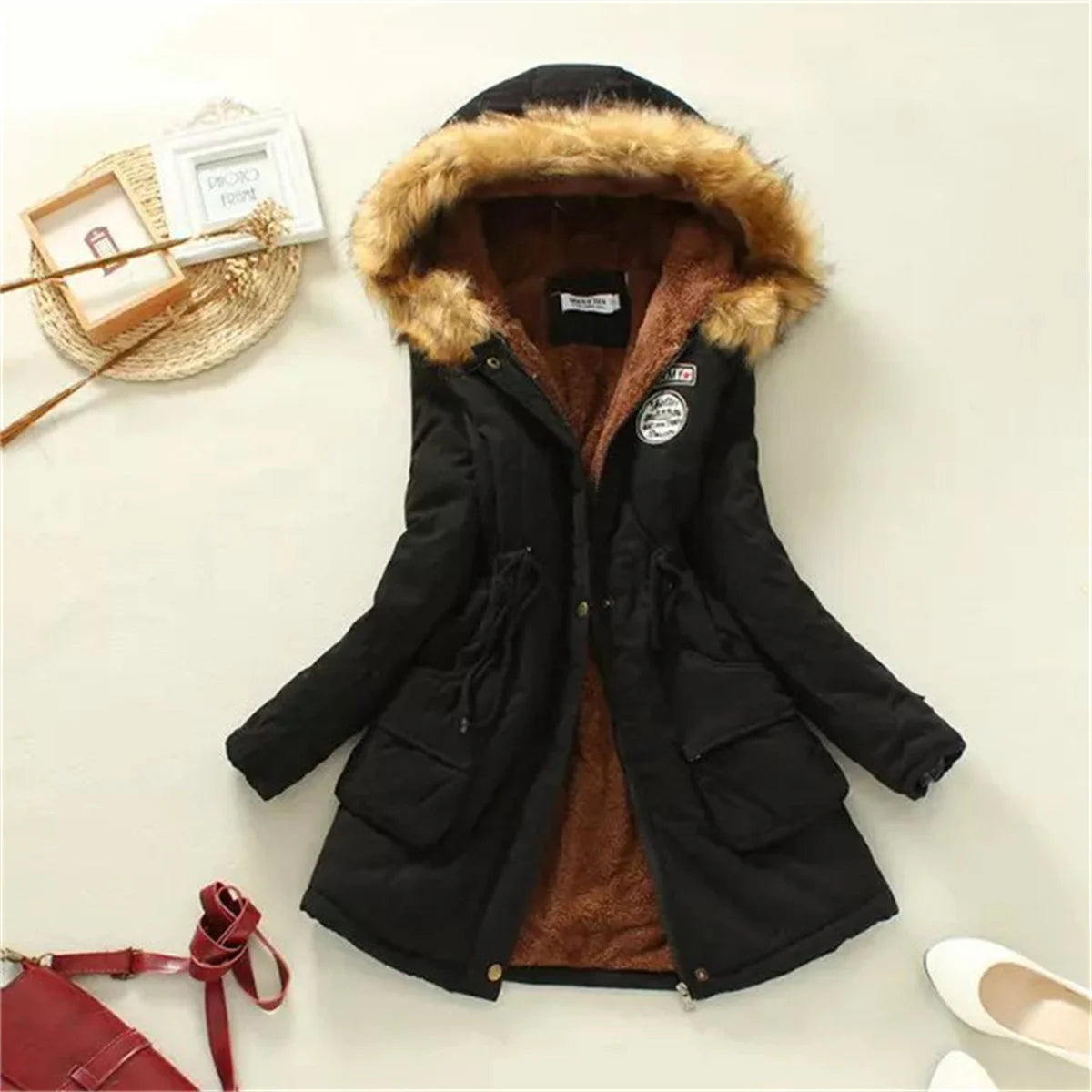 STORESDE Fleece Lined Hood Down Jacket Winter Coat for Women Warm Drawstring Padded Parkas Korean Casual Streetwear Female Puffer Outwear