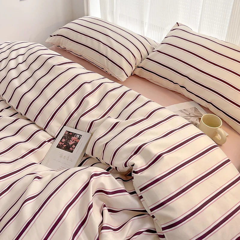 STORESDE Simple Red and Blue Striped Duvet Cover and Four Piece Bed Sheet Set with Washed Cotton Bedding on the Bed