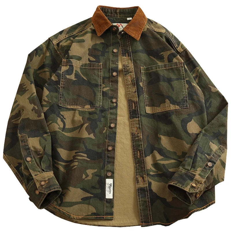 STORESDE 2025 Spring New American Retro Woven Twill Camouflage Cargo Shirt Men's 100% Cotton Washed Old Double Pocket Blouser Thin Jacket