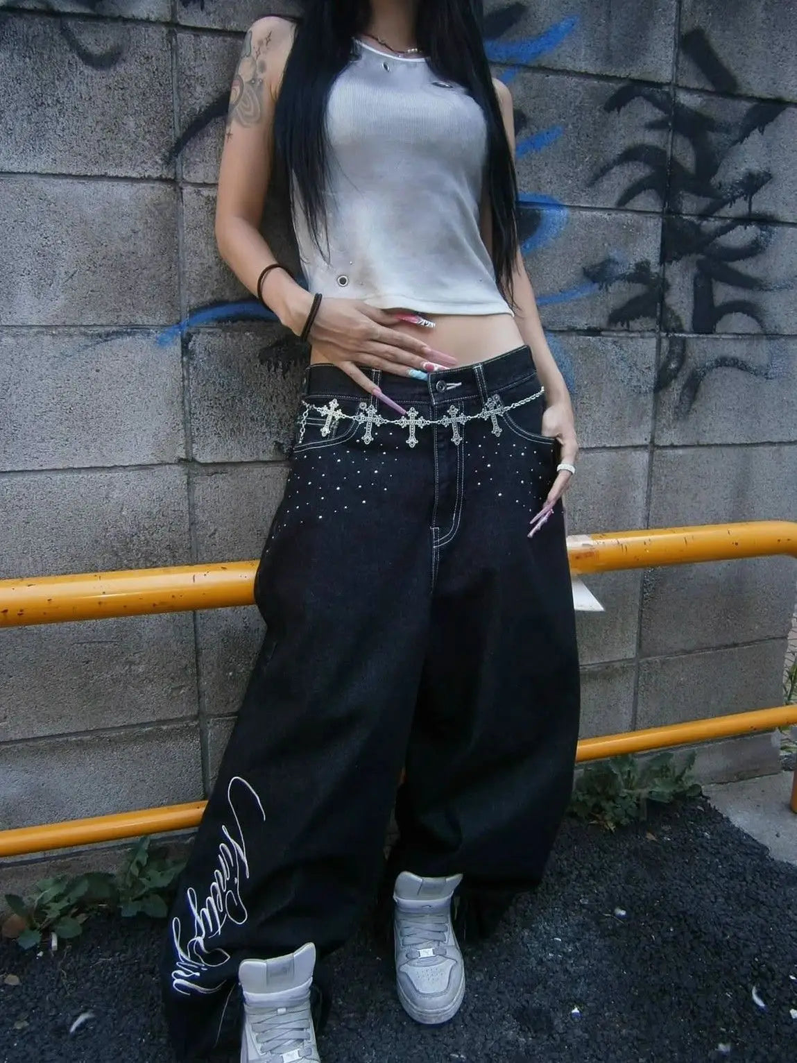 STORESDE Trendy and fashionable Harajuku retro high street angel wing rhinestone embroidery millennium straight-leg loose denim trousers