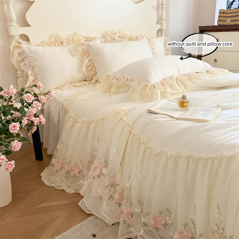 STORESDE 3pcs Korean style Duvet Cover Set (1*Duvet Cover + 2*Pillowcase, Without Core), Lace embroidery Bedding Set