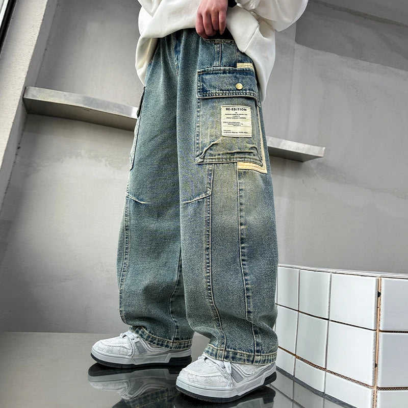 STORESDE New Design Children Relaxed Fit Straight Leg Cargo Jeans for Teenage Boys Loose Denim Pants with Pocket Kids Casual Trousers