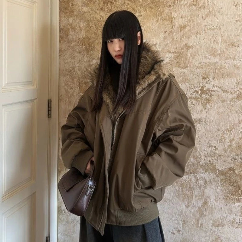 STORESDE Vintage Solid Fur Collar Hooded Sweatshirt Autumn Winter Zipper Y2K Retro Fleece Jacket Harajuku Plush Dark Fashion Outfits 2025