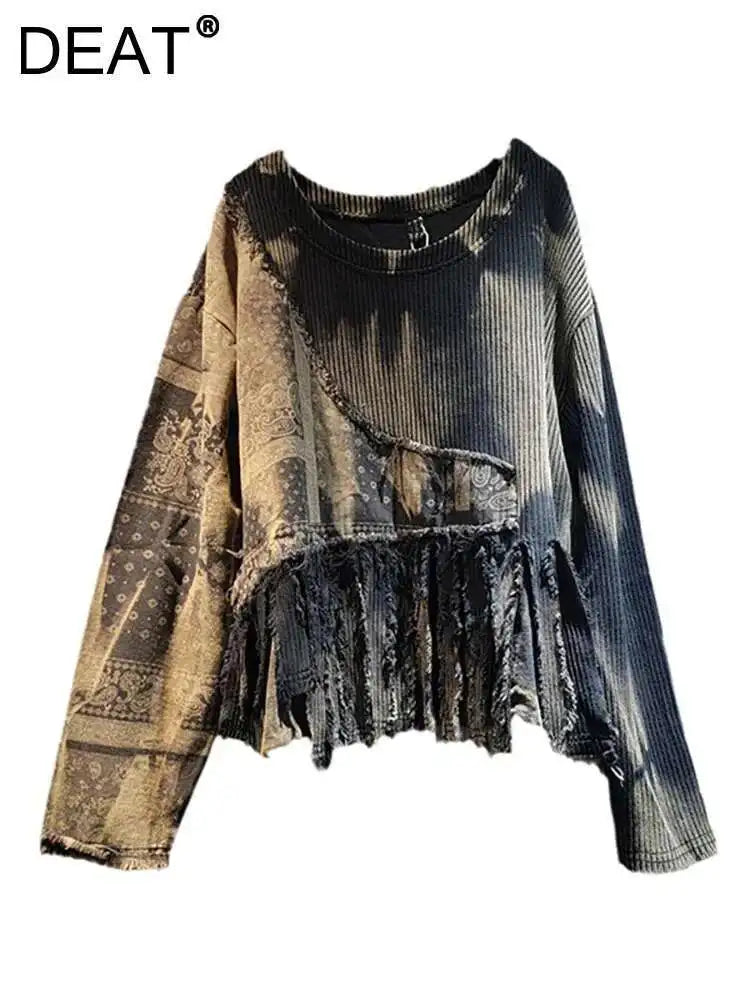 STORESDE DEAT Women Pullover Knitted Distressed Tie-dye Printed Black Vintage Tassel Long Sleeve Sweater Summer 2026 New Fashion 11A0969