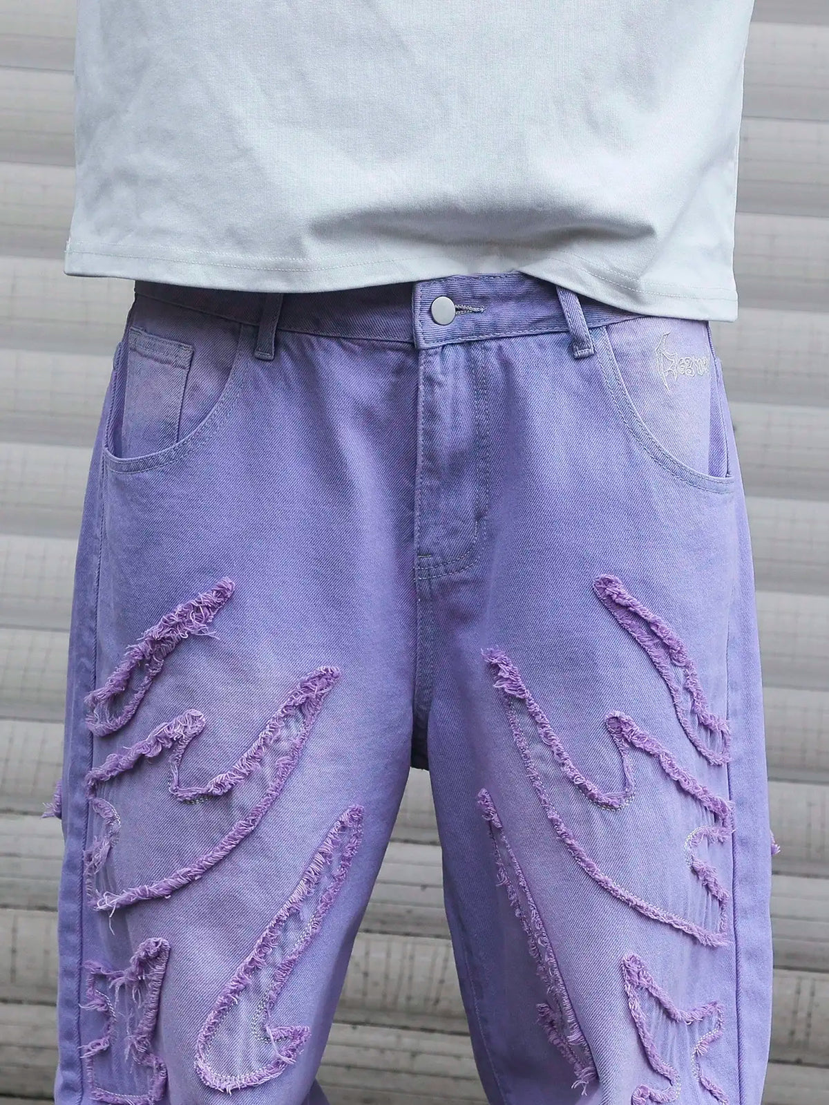 STORESDE High - street style purple distressed frayed jeans for men, loose, trendy street hip - hop wide - leg pants