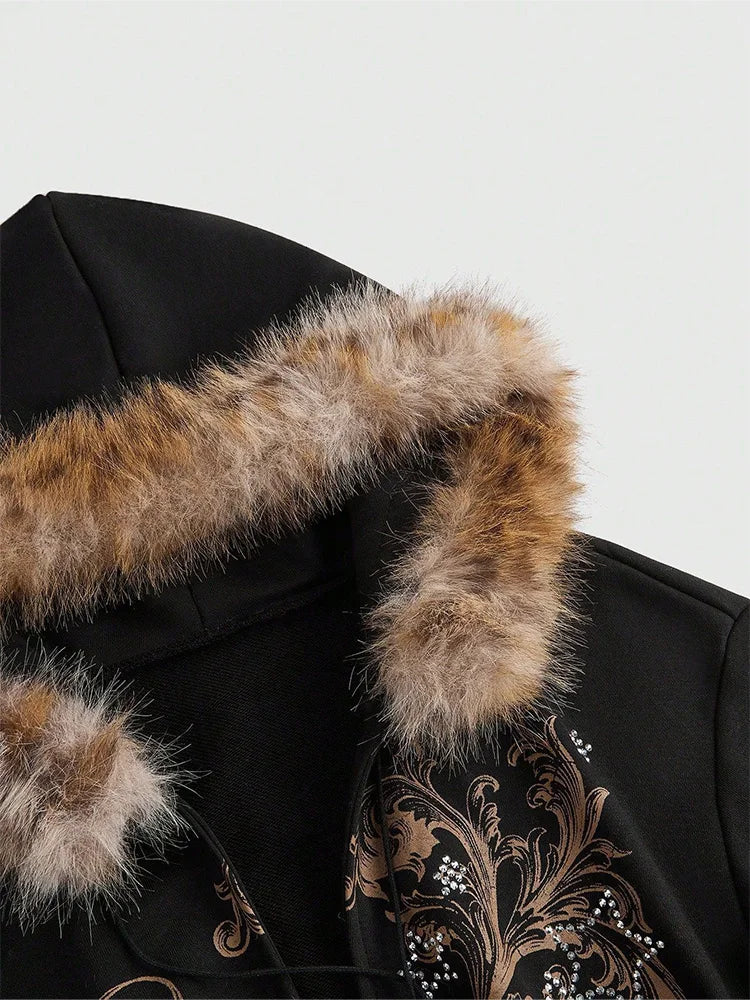 STORESDE Winter Warm Gothic Print Hoodie Women's Faux Fur Crop Top Zip-Up Sweatshirt Fashion Y2K Streetwear Hooded Jacket 2026 New
