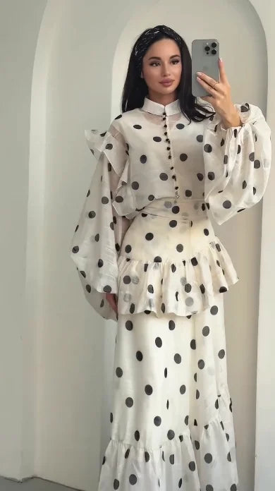 STORESDE Casual Polka Dot Maxi Dress Women Chic Stand Collar Puff Sleeves See Through Ruffle Vestidos 2026 Female Vacation Party Dresses