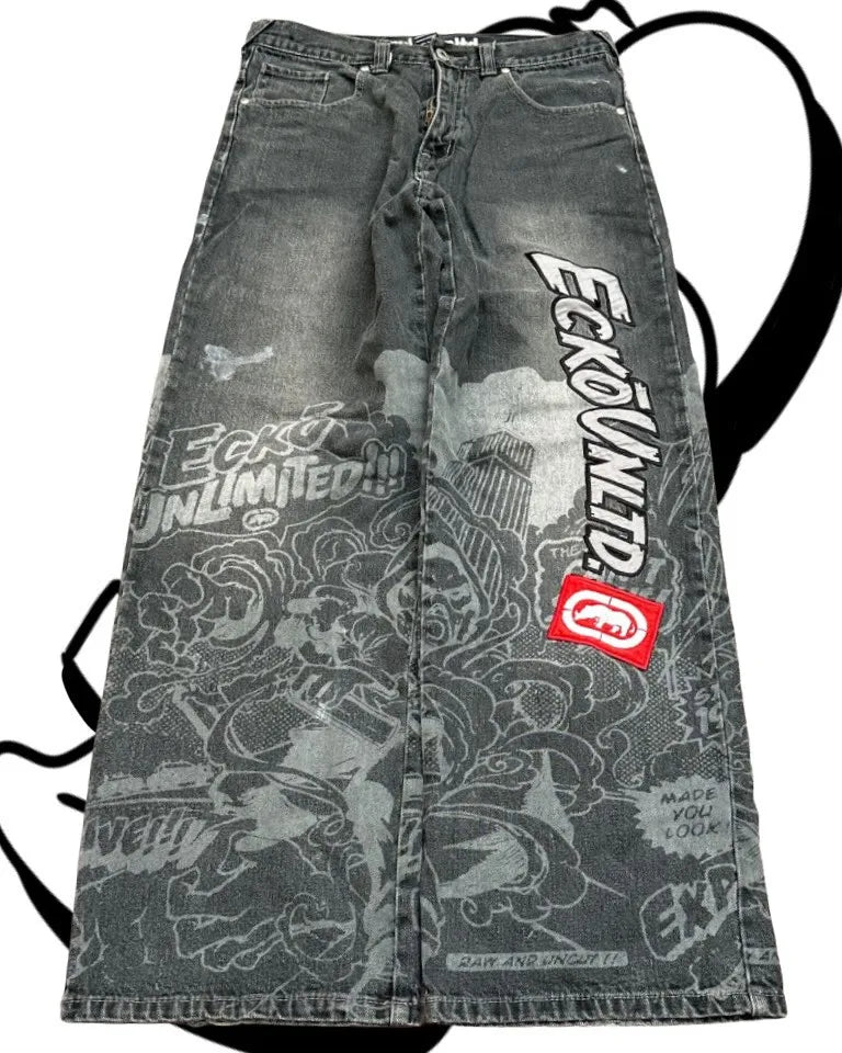 STORESDE American Fashion Printing Jeans Hip Hop Baggy Cross-legged Jeans Grey Wash Straight Mop Pants Men and Women