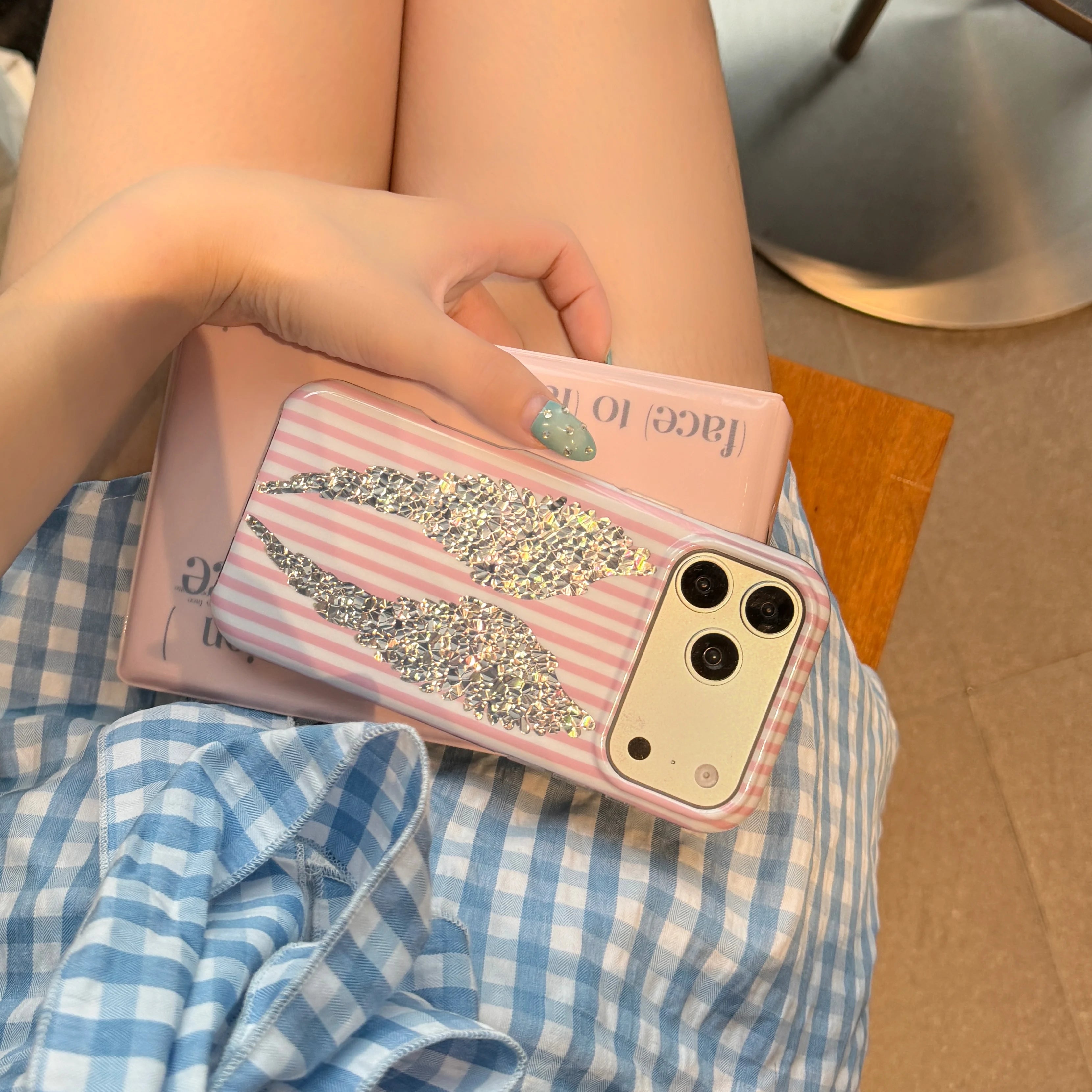 STORESDE Korean Cute Pink White Stripe Wings Phone Case For iPhone 17 Pro 16 15 Pro Max 17pro 16pro Fashion Shockproof Cover For Girls