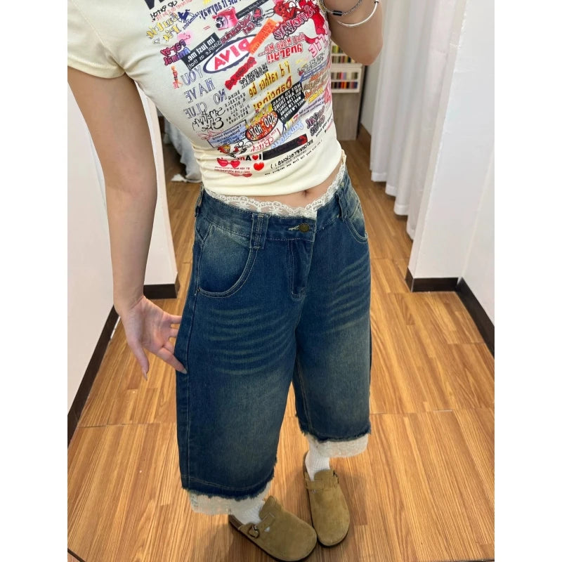 STORESDE American Retro Lace Denim Shorts Women Summer New Fashion Washed Splice Seven-Quarter Wide Leg Jeans Trendy Mid-Length Pants