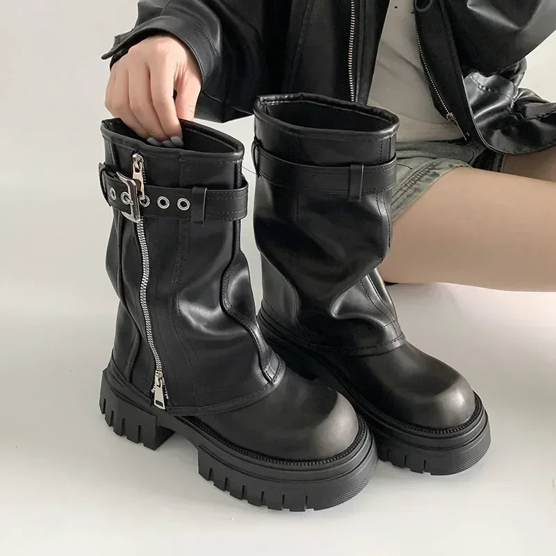 STORESDE Winter Women Biker Boots Fashion Belt Buckle Ladies Elegant Platform Long Pipe Booties Casual Women's Knee High Booties2026