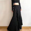 STORESDE Y2K Black Long Skirt Women Harajuku Gothic Lace Asymmetrical Maxi Skirts Summer Korean Ruffles Patchwork Bandage Design Faldas