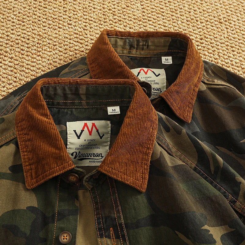 STORESDE 2025 Spring New American Retro Woven Twill Camouflage Cargo Shirt Men's 100% Cotton Washed Old Double Pocket Blouser Thin Jacket