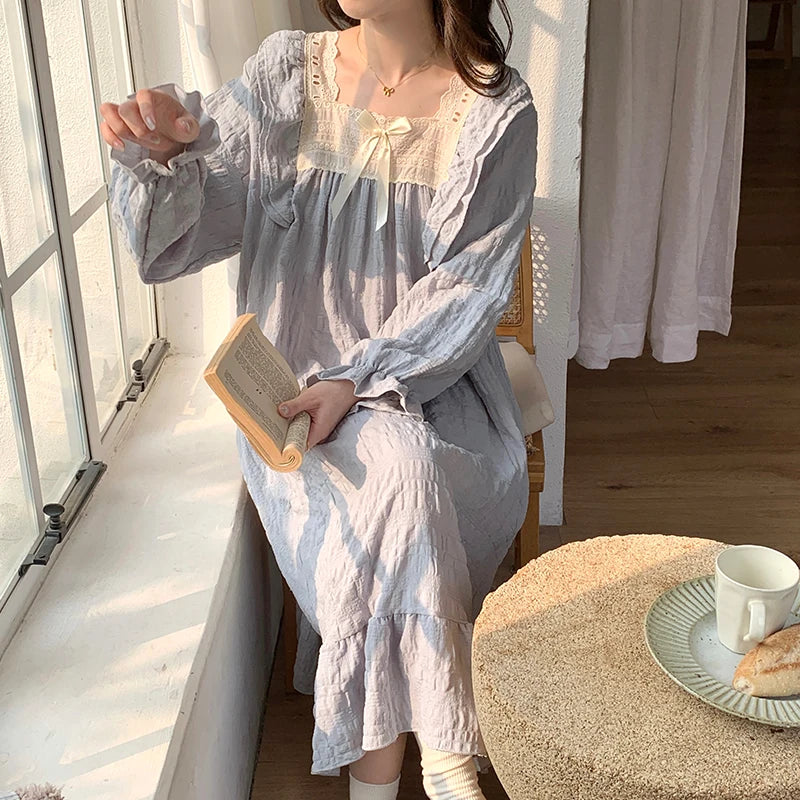 STORESDE Long-Sleeved Harajuku Style Nightgown Women's Pajamas Lace Sweet Cute Nightdress Spring Summer 2026 New Square Collar Home Wear
