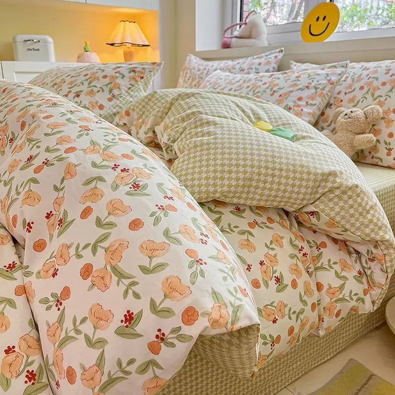 STORESDE Green Floral Bedding Set Ins Fashion Twin Full Queen Size Duvet Cover No Filler Flat Sheet Pillowcase Girl Home Totel Bed Linens