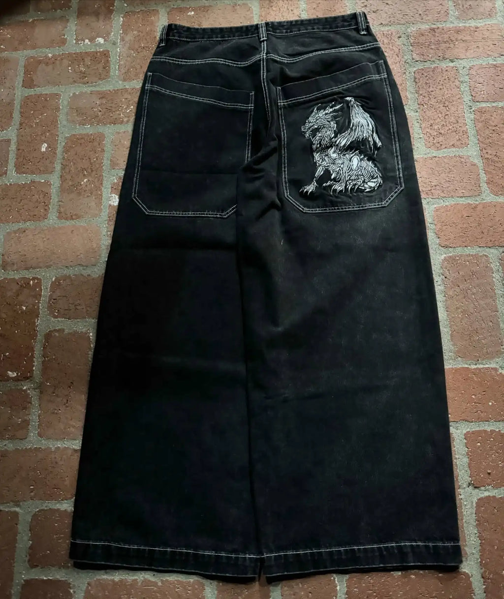 STORESDE Men Gothic Cross Print Black Denim Baggy Pants Mid Waist Big Pocket Design Loose Fit Hip Hop Streetwear Jeans for Daily Casual
