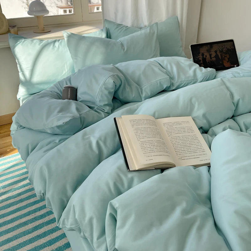 STORESDE Cotton Bedding Set 4pcs with Solid Bed Sheet Duvet Cover Pillowcases Single Couple Bedsheet King Queen Double Twin Size