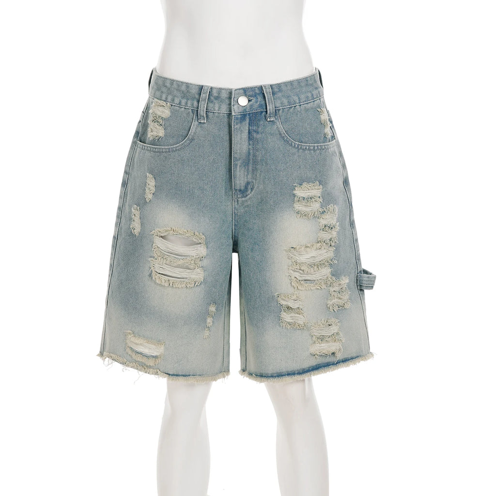STORESDE SUCHCUTE Fashion Women Ripped Raw Hem Retro Jeans Shorts  Summer Five-Pocket Denim Shorts Chic Straight Legged Pants Streetwear