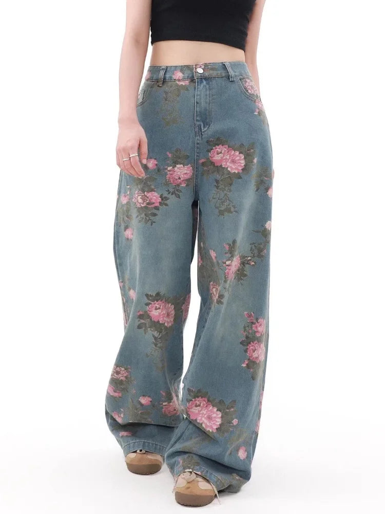 STORESDE 2025 Ropa Y2K Fashion Peach Blossom Printed Baggy Jeans Pants For Women Clothing Wide Leg Casual Lady Trousers Pantalon Femme