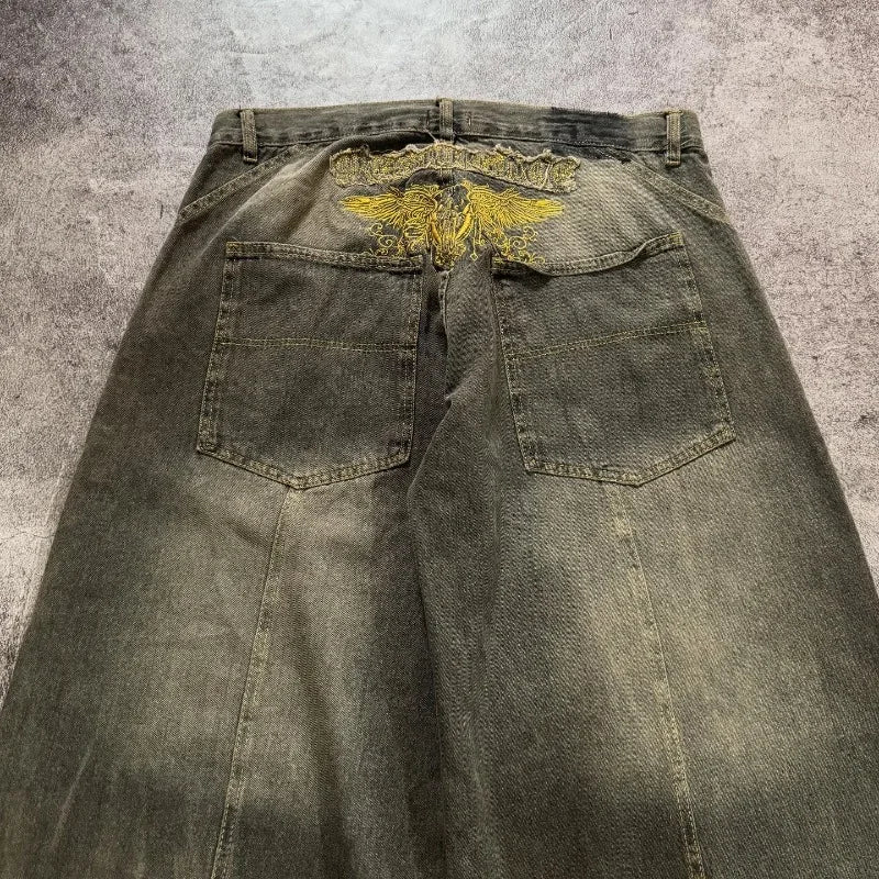 STORESDE American New Fashion Old Yellow Washed Baggy Jeans Ladies Y2K Gothic Hip Hop Vintage Casual High Waist Wide Leg Pants