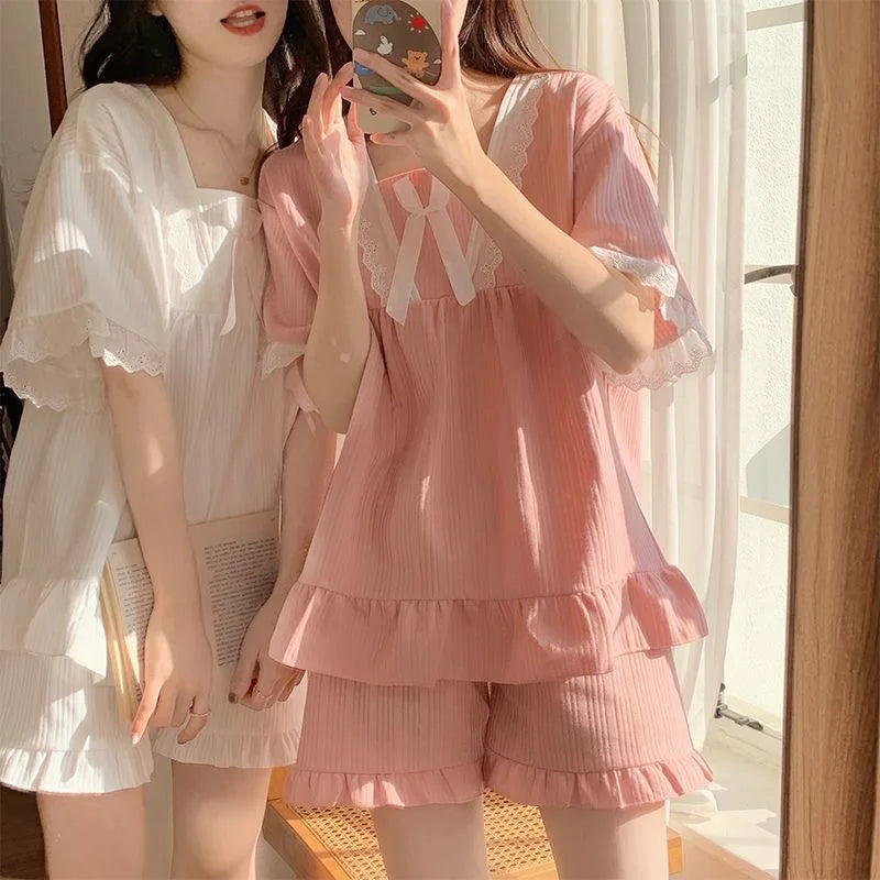 STORESDE Palace Style Pajamas Ladies Summer Loungewear Set Short-Sleeved with Cushion Korean Small Sweet Girlfriends Loungewear Set