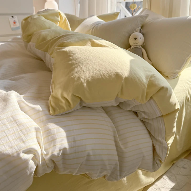 STORESDE Ins Stripes 100% Washed Cotton Bedding Set with Pillowcase Bed Sheet Quilt Cover Single Double King Queen Size Duvet Cover Set
