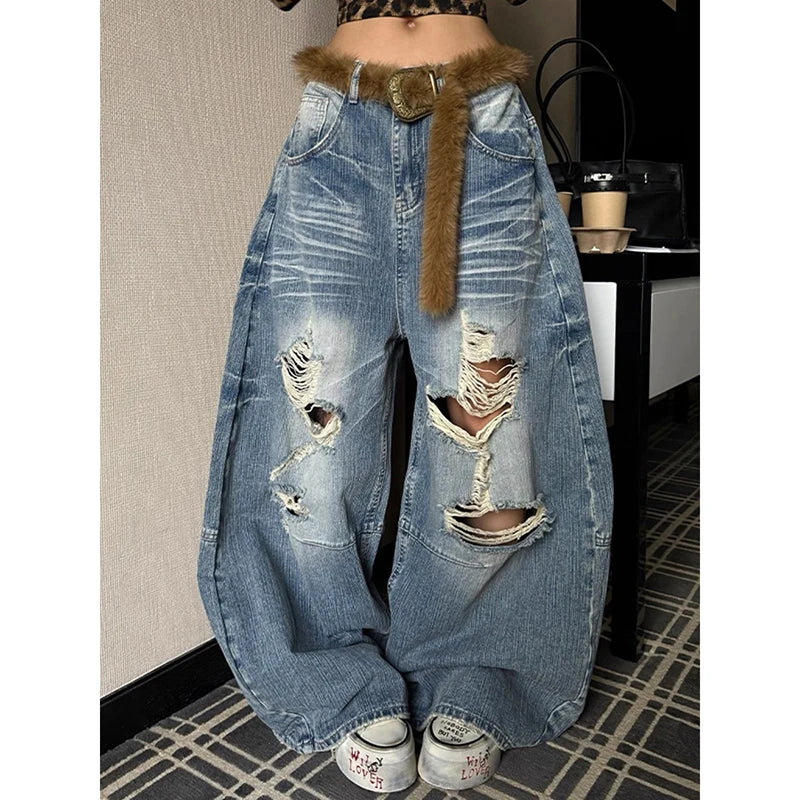 STORESDE ZHIZOU Women Blue Baggy Y2k Ripped Jeans Hip Hop Grunge Wide Jean Pants Vintage 2000s Harajuku Denim Trousers Clothes Summer