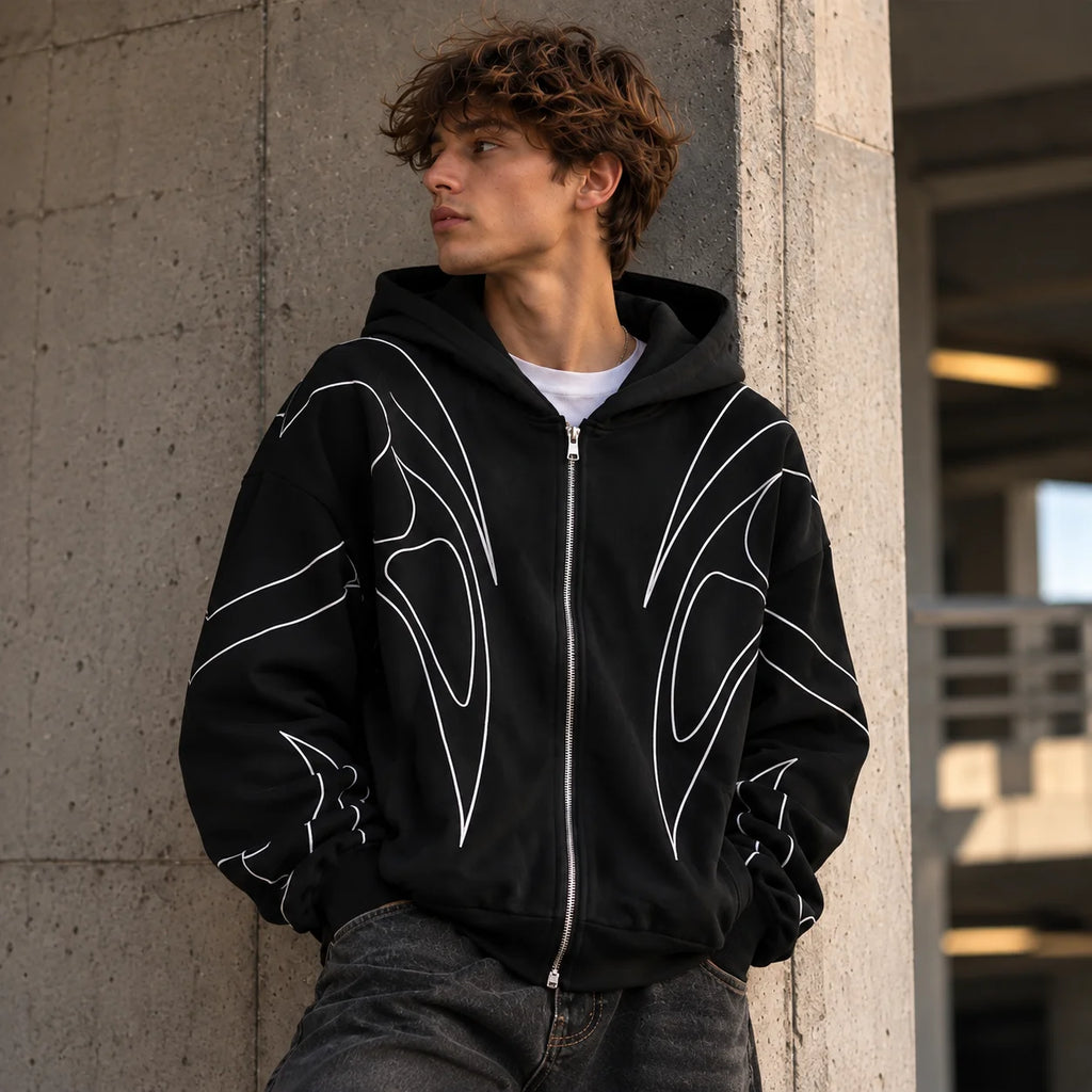 STORESDE Trend Graphic Zip Up Hoodie Oversized Hooded Sweatshirt Line Print Long Sleeve Casual Streetwear Autumn Jacket 2026 Hot New Plus