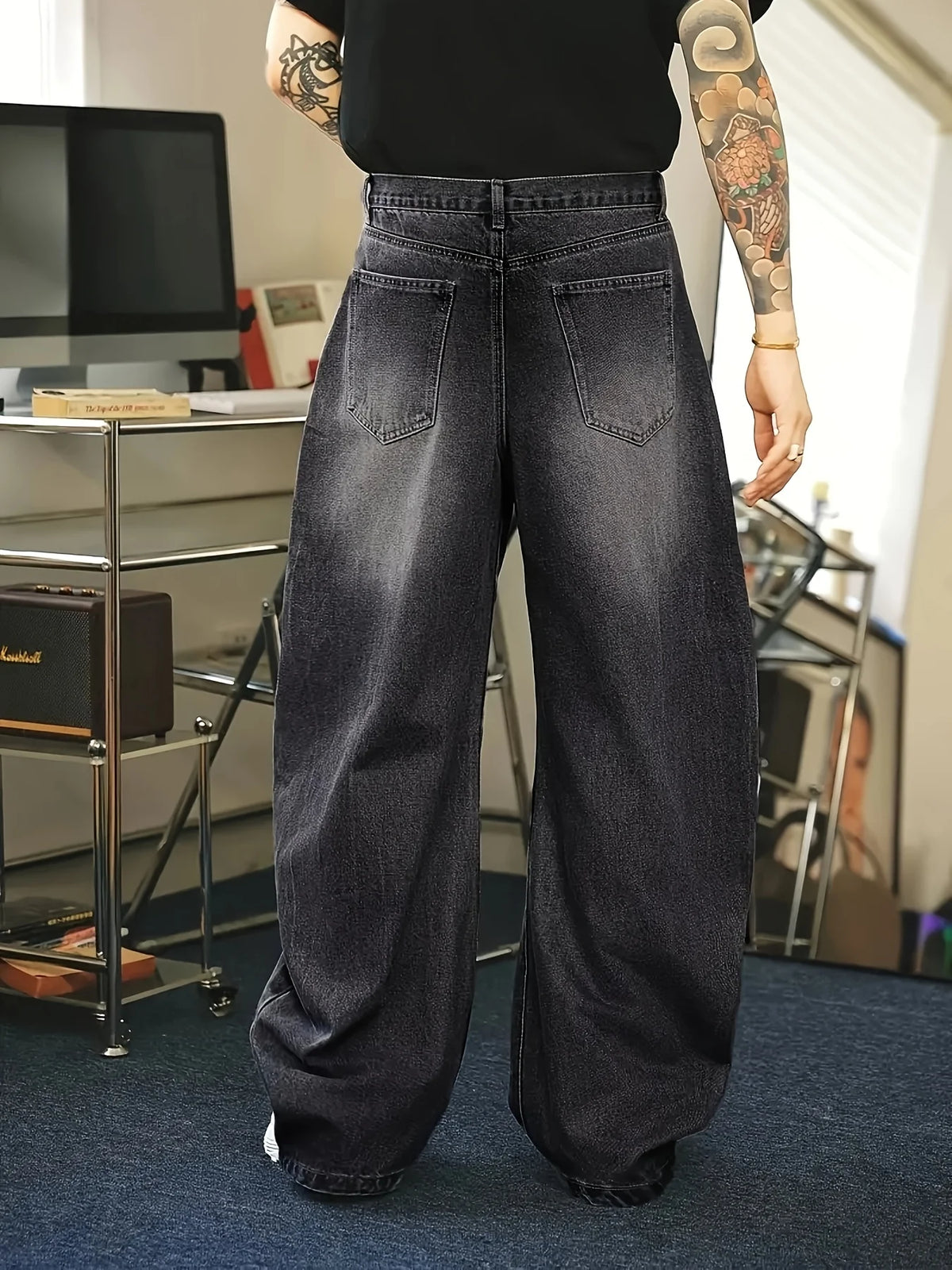 STORESDE 1Pc Men's Daily Travel Casual American Street Loose Jeans, Black, Light Blue, Sea Blue Fashion Street Style Retro Lantern Jeans  Denim Pants