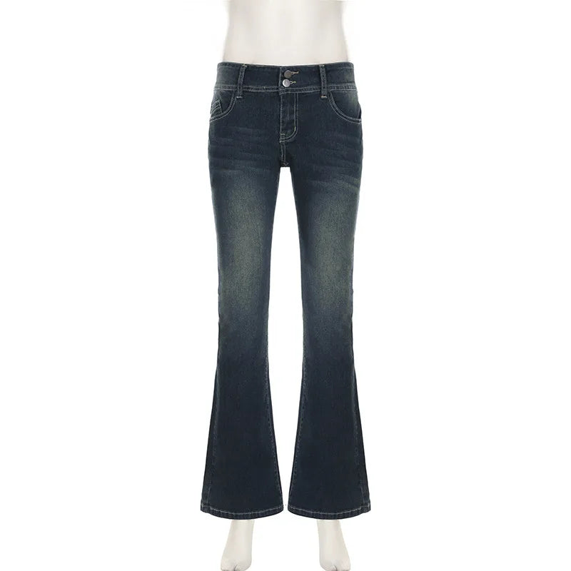 STORESDE Vintage y2k Flared Jeans Retro Button-up Low Rise Casual Denim Pants Harajuku 2000s Trousers Basic Aesthetic Mom
