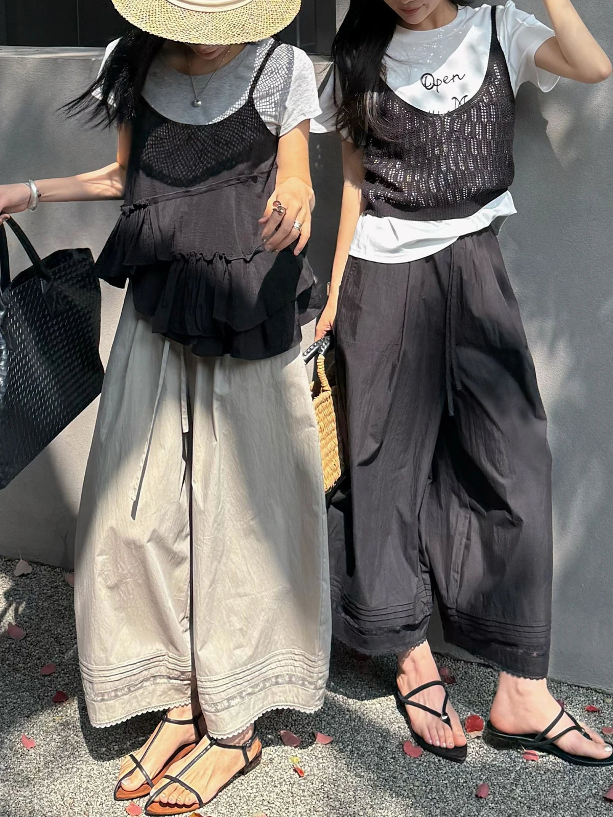 STORESDE Summer Women's Bloomers Korean Lace Thin Drawstring Splicing Wide-leg Pants Casual Loose Solid Ankle Length Baggy Pants Women