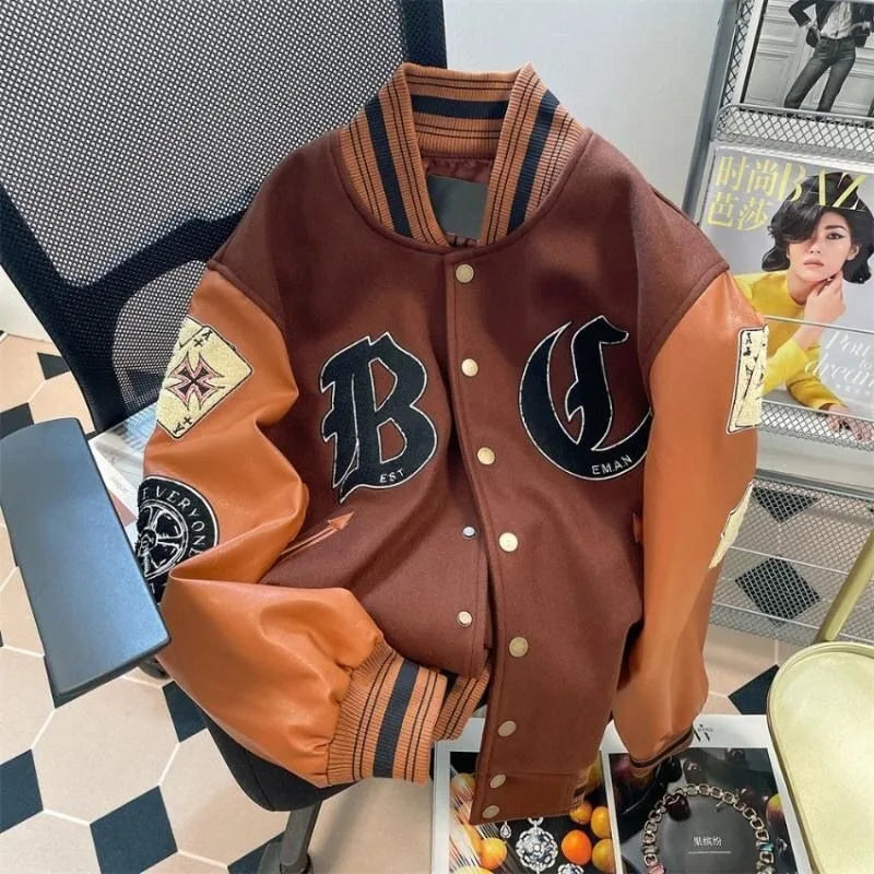 STORESDE American New Retro Letter Flocking Splicing Jacket Female Y2K High Street Fashion Hip-hop Loose Tooling Baseball Uniform Jacket