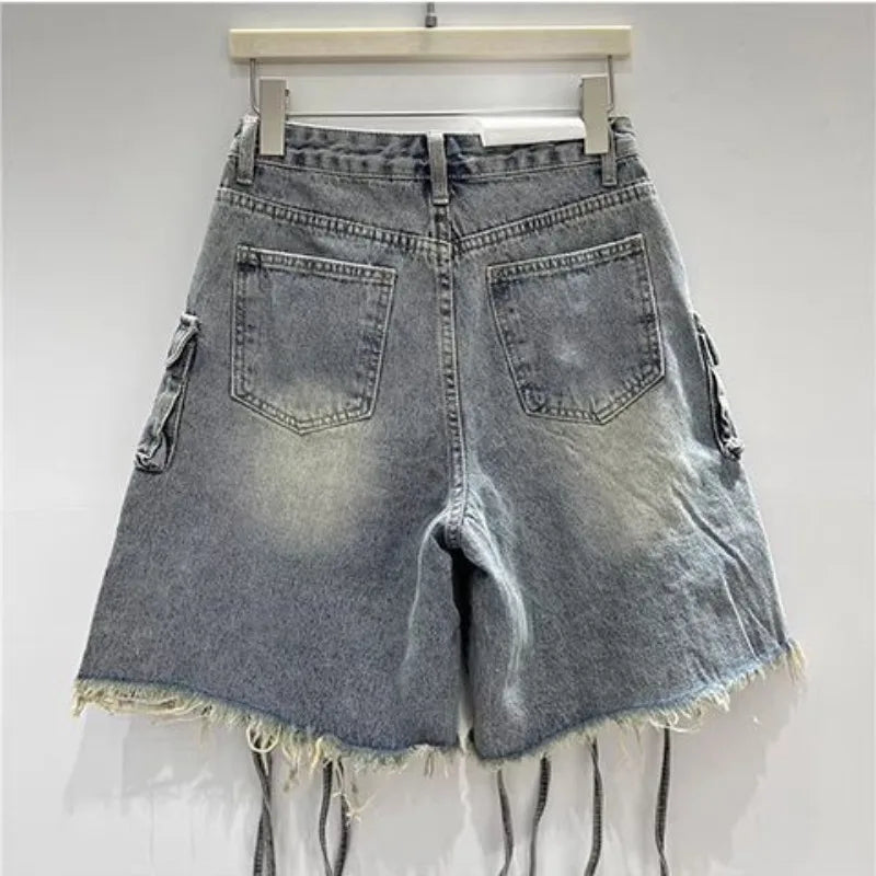 STORESDE Streetwear American Vintage Heavy Industry Washed Holes and Burrs Denim Shorts Y2 Gothic Old Multi-pocket Casual Joker Pants