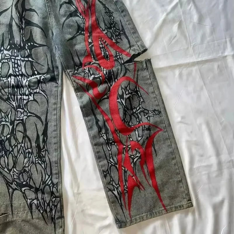 STORESDE 2025 New American Trend Retro Hip-hop Embroidery Pattern Baggy Jeans For Men And Women Y2K Harajuku Gothic Wide Pants Streetwear