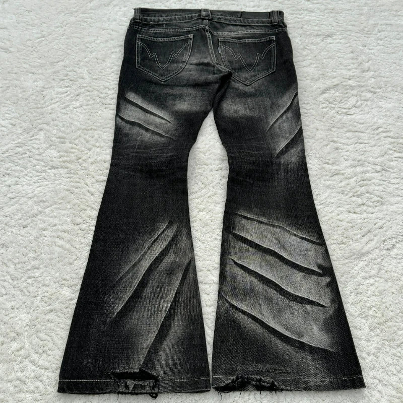 STORESDE Y2k Flared Lace Up Jeans Retro Washed Paw Prints Double Waist Men's Slim Fit Jeans Gothic High Street Wear Unisex Bootcut Jeans