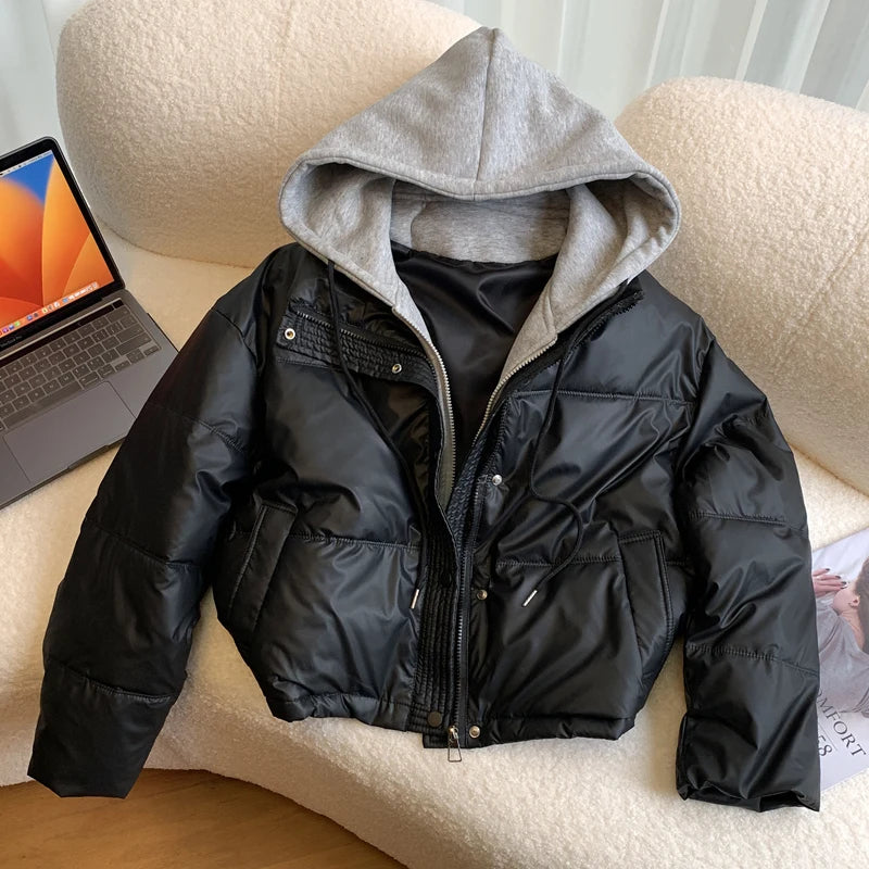 STORESDE Hooded Short Parkas Women Fashion Black Patchwork Puffer Jacket Winter Streetwear Down Coats Korean Cotton Padded Outerwears New