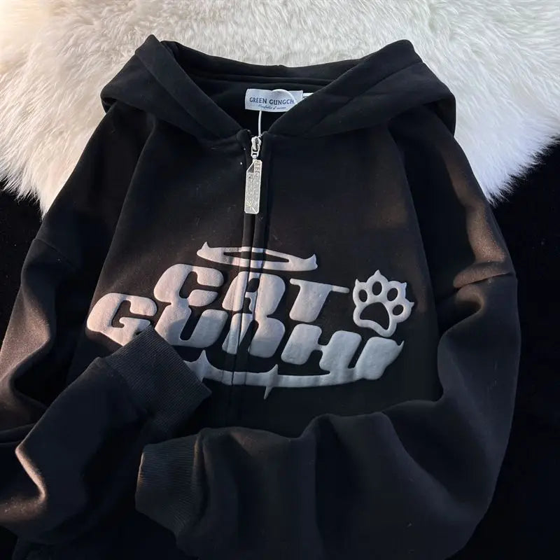 STORESDE Y2K American Letter Printed Zip-up Hoodies Women Street Fashion Harajuku Style Sweatshirt Couple Casual Loose Plus Velvet Hoodie