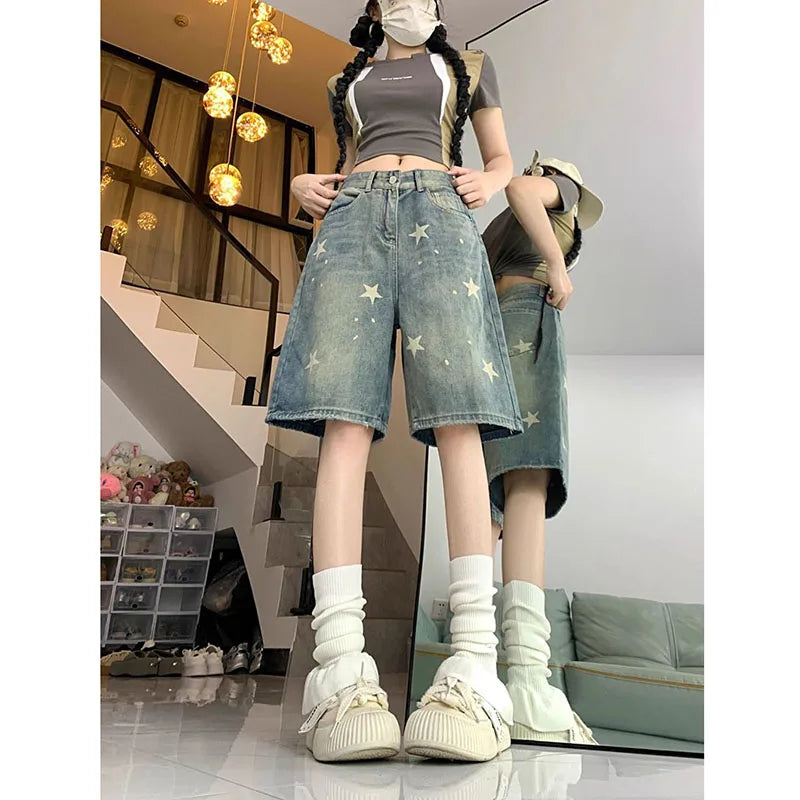 STORESDE American Style Vintage Women's Short Jeans High Waisted Washed Wide Leg Denim Pants Woman Fashion Do Old Star Knee Length Shorts
