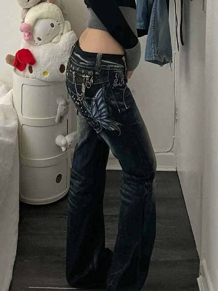 STORESDE American Fashion High Street Large Size Butterfly Embroidered Women Jeans Y2K Millennium Harajuku Slim Flared Jeans