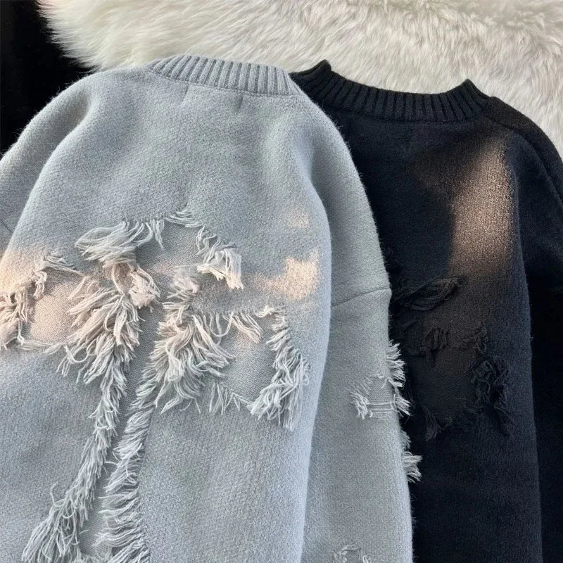STORESDE 2026 Autumnand y2k Streetwear Men New Retro Hole Fringed Sweater Loose Versatile Sweater For Men And Women Long Sleeve Sweater