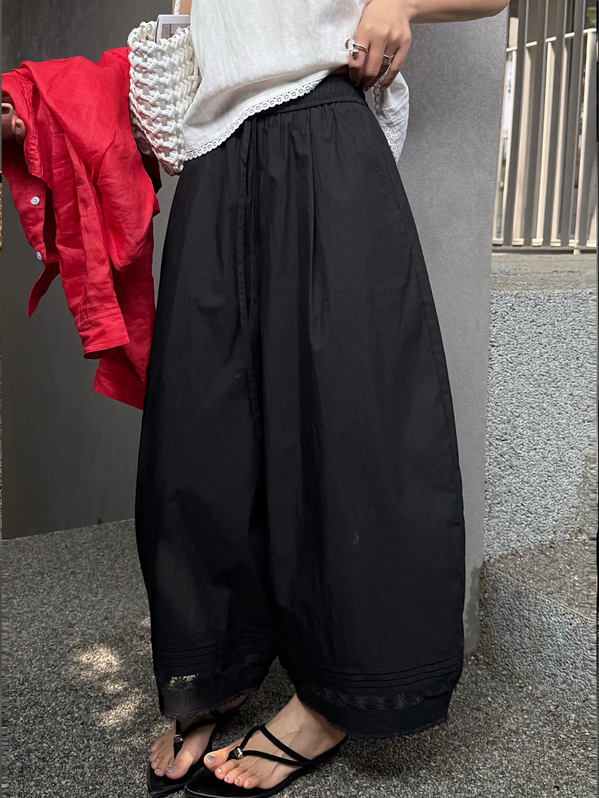STORESDE Summer Women's Bloomers Korean Lace Thin Drawstring Splicing Wide-leg Pants Casual Loose Solid Ankle Length Baggy Pants Women
