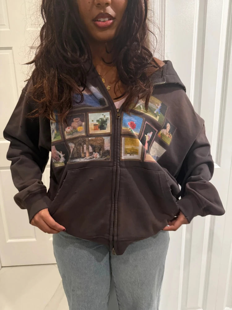 STORESDE Y2K Retro Gallery Hoodie Brown Pixel Painting Art Pattern Zip Up Sweatshirt Trendy Classic Streetwear Unisex Oversize Clothing