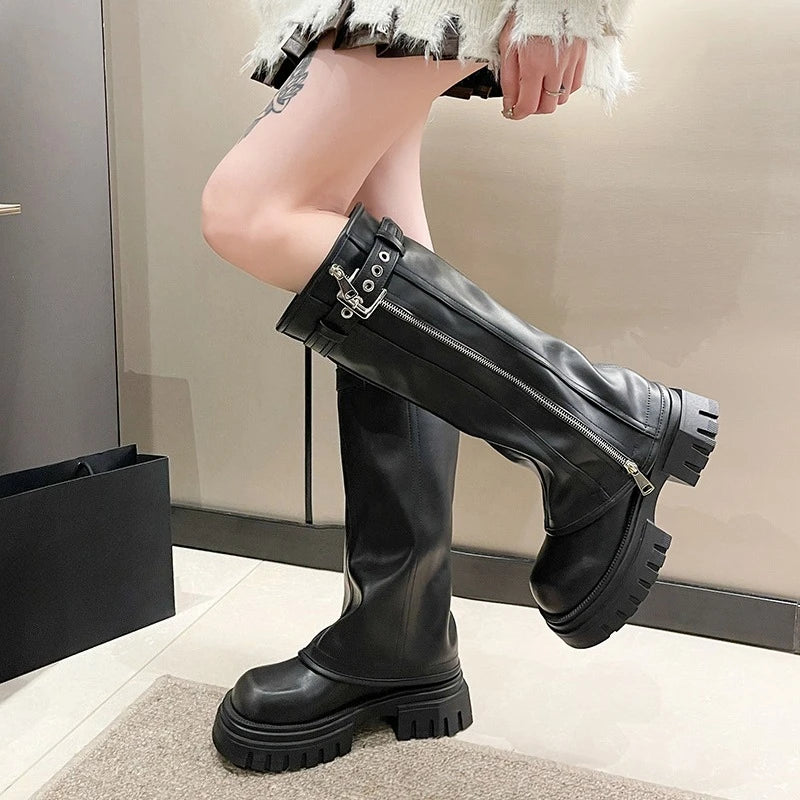 STORESDE Winter Women Biker Boots Fashion Belt Buckle Ladies Elegant Platform Long Pipe Booties Casual Women's Knee High Booties2026