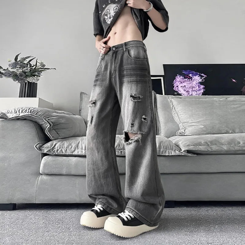 STORESDE Summer Men's Distressed Denim Pants 2026 New Gray Washed Ripped Loose Straight Leg Casual Streetwear Jeans