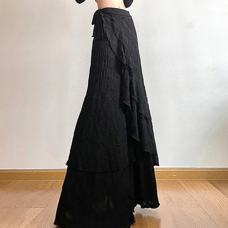 STORESDE Y2K Black Long Skirt Women Harajuku Gothic Lace Asymmetrical Maxi Skirts Summer Korean Ruffles Patchwork Bandage Design Faldas
