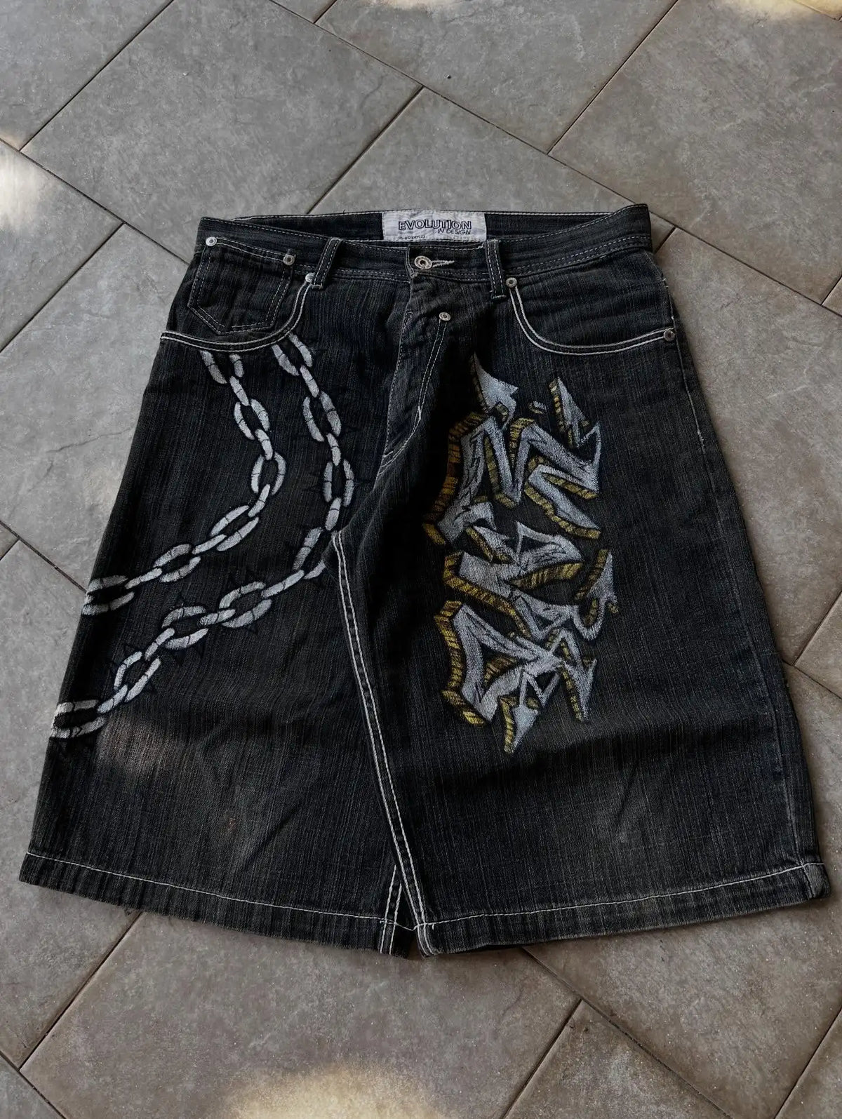 STORESDE American Washed Ecko Denim Shorts Mens Hip-hop Rock Street Fashion Pattern Straight Pants Harajuku Trend Wide Pants