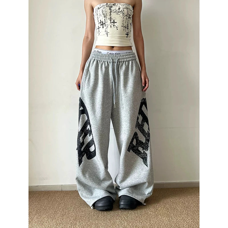 STORESDE YIBASHU Women Grey Baggy Wide Leg Sweatpants American Letter Print Pants Harajuku Japanese 2000s Style Vintage Y2k Casual Trouse