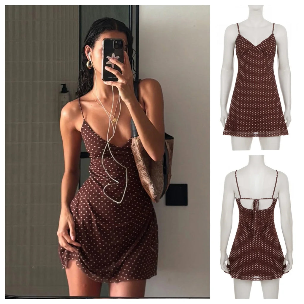 STORESDE Y2k Vintage Slim Summer Women Sweet Ladylike Fashion Street Woman Dot Print Casual Simple Basic Sleeveless Dresses Female Chic